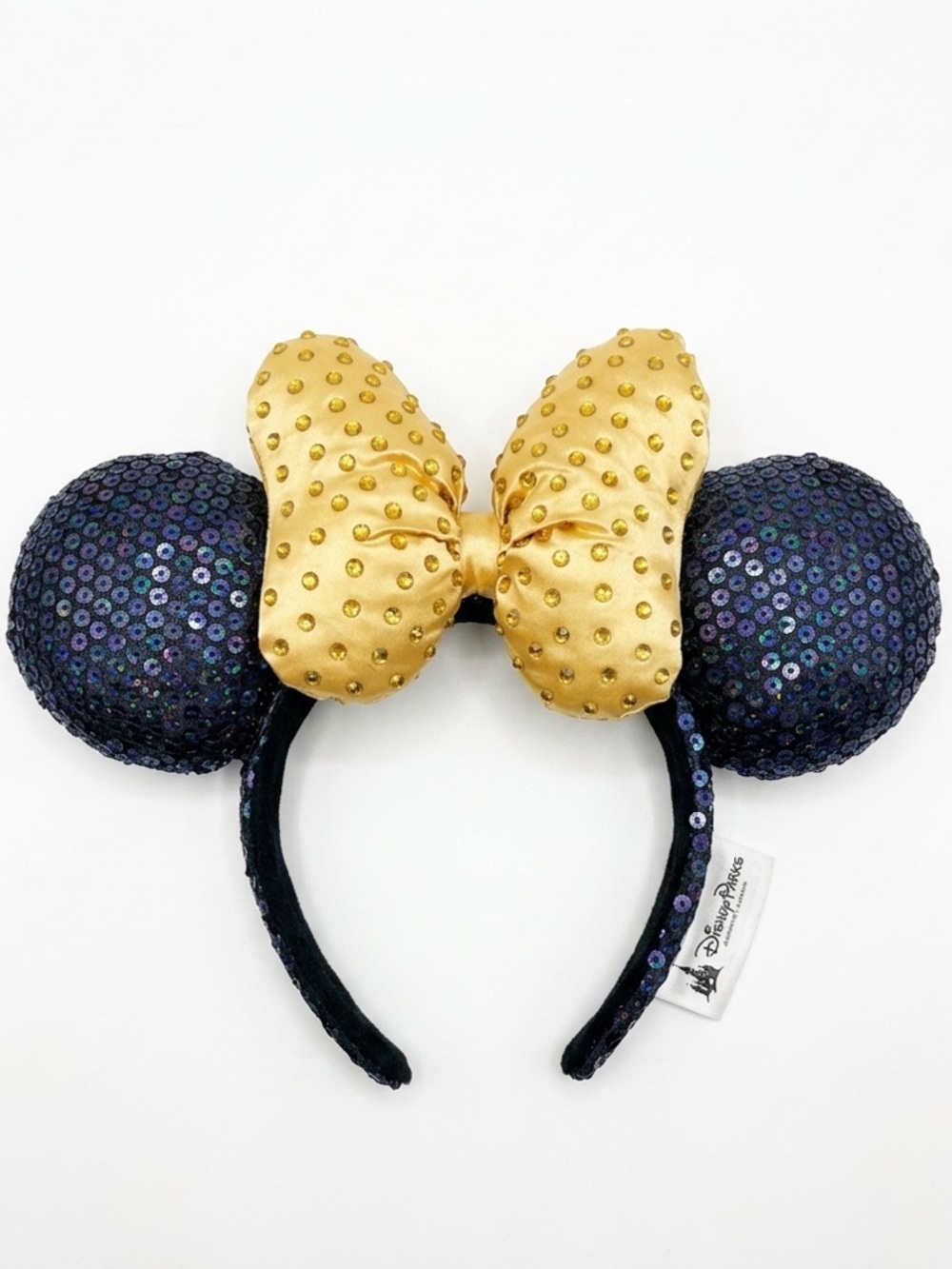 Disney Parks Iridescent Blue & Purple Sequin Minnie Ears, Gold Bow
